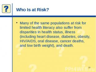 Who Is at Risk? Many of the same populations at risk for limited health literacy