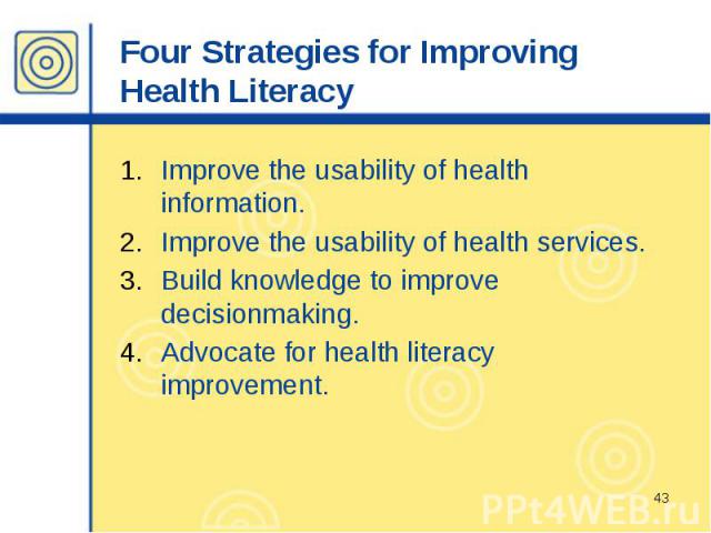 Four Strategies for Improving Health Literacy Improve the usability of health information. Improve the usability of health services. Build knowledge to improve decisionmaking. Advocate for health literacy improvement.