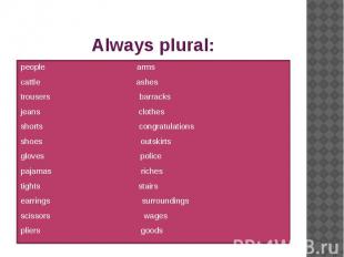 Always plural: people arms cattle ashes trousers barracks jeans clothes shorts c