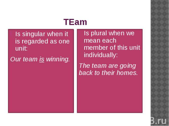 TEam Is singular when it is regarded as one unit: Our team is winning.
