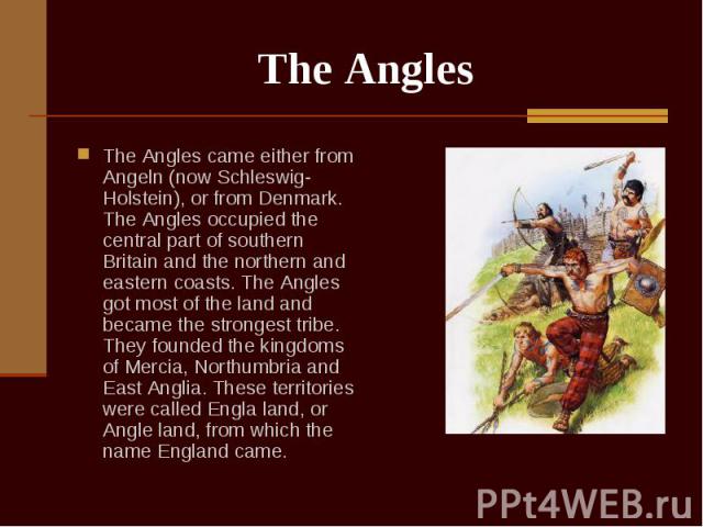 The Angles came either from Angeln (now Schleswig-Holstein), or from Denmark. The Angles occupied the central part of southern Britain and the northern and eastern coasts. The Angles got most of the land and became the strongest tribe. They founded …