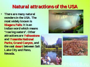 There are many natural wonders in the USA. The most widely known is Niagara Fall