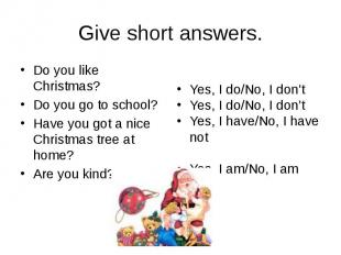 Give short answers. Do you like Christmas? Do you go to school? Have you got a n