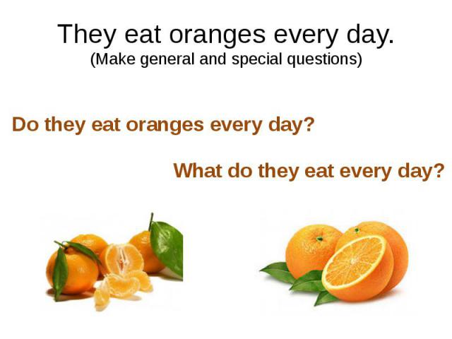 They eat oranges every day. (Make general and special questions)