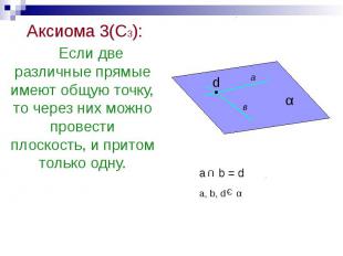 Аксиома 3(С3): Аксиома 3(С3): Если две различные прямые имеют общую точку, то че