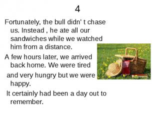 Fortunately, the bull didn' t chase us. Instead , he ate all our sandwiches whil