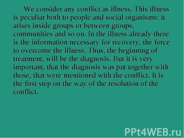 We consider any conflict as illness. This illness is peculiar both to people and social organisms: it arises inside groups or between groups, communities and so on. In the illness already there is the information necessary for recovery, the force to…