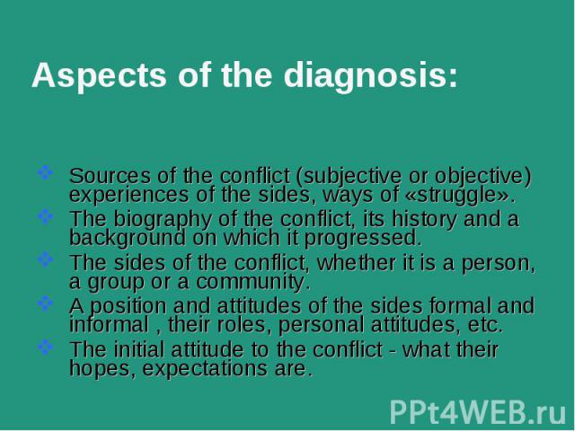Sources of the conflict (subjective or objective) experiences of the sides, ways of «struggle». Sources of the conflict (subjective or objective) experiences of the sides, ways of «struggle». The biography of the conflict, its history and a backgrou…