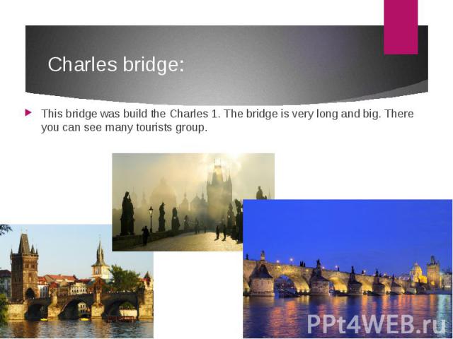 Charles bridge: This bridge was build the Charles 1. The bridge is very long and big. There you can see many tourists group.