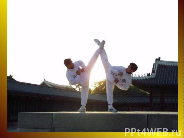 A taekwondo student typically wears a uniform (dobok), often white but sometimes black (or other colors), with a belt tied around the waist. The colour of belt indicates their level of skill.