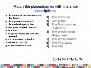 Match the places/names with the short descriptions. is a home of the President a
