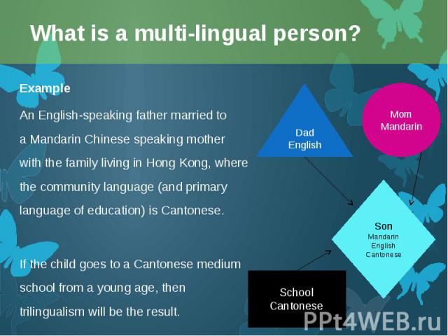 Example Example An English-speaking father married to a Mandarin Chinese speaking mother with the family living in Hong Kong, where the community language (and primary language of education) is Cantonese. If the child goes to a Canton…