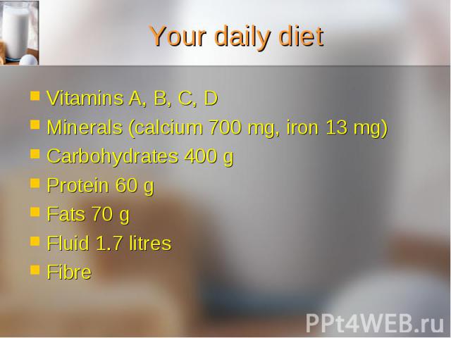 Vitamins A, B, C, D Vitamins A, B, C, D Minerals (calcium 700 mg, iron 13 mg) Carbohydrates 400 g Protein 60 g Fats 70 g Fluid 1.7 litres Fibre