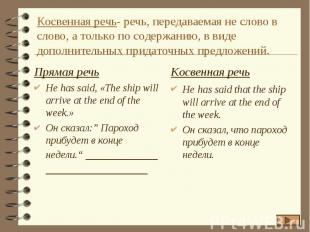 Косвенная речь- речь, передаваемая не слово в слово, а только по содержанию, в в