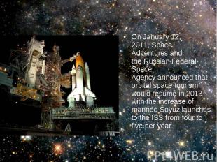 On January 12, 2011,&nbsp;Space Adventures&nbsp;and the&nbsp;Russian Federal Spa