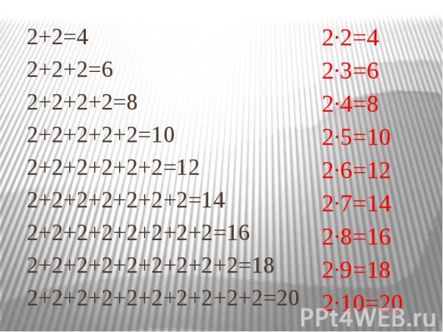 2+2=4 2+2=4 2+2+2=6 2+2+2+2=8 2+2+2+2+2=10 2+2+2+2+2+2=12 2+2+2+2+2+2+2=14 2+2+2+2+2+2+2+2=16 2+2+2+2+2+2+2+2+2=18 2+2+2+2+2+2+2+2+2+2=20