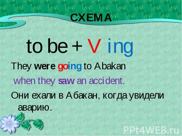 to be + V ing to be + V ing They were going to Abakan when they saw an accident. Они ехали в Абакан, когда увидели аварию.