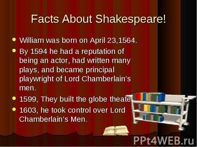 William was born on April 23,1564. William was born on April 23,1564. By 1594 he had a reputation of being an actor, had written many plays, and became principal playwright of Lord Chamberlain’s men. 1599, They built the globe theater. 1603, he took…