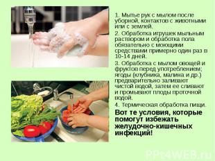 1. Мытье рук с мылом после уборной, контактов с животными или с землей. 1. Мытье