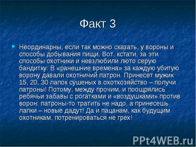 Неординарны, если так можно сказать, у вороны и способы добывания пищи. Вот, кстати, за эти способы охотники и невзлюбили люто серую бандитку. В «ранешние времена» за каждую убитую ворону давали охотничий патрон. Принесет мужик 15, 20, 30 лапок суше…