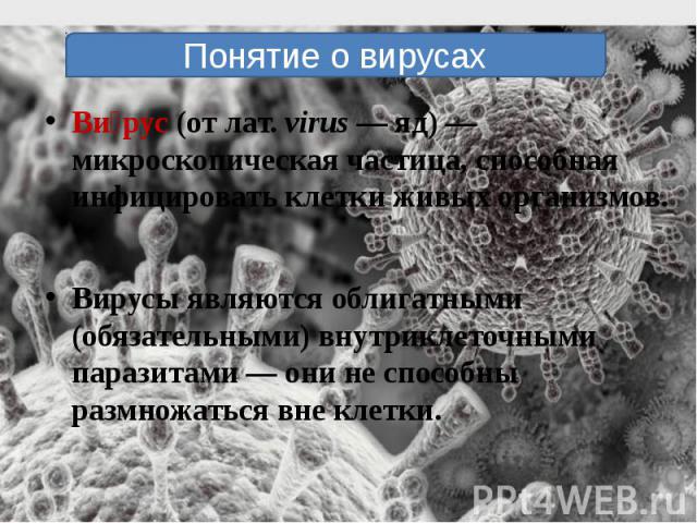 Ви рус (от лат. virus — яд) — микроскопическая частица, способная инфицировать клетки живых организмов. Ви рус (от лат. virus — яд) — микроскопическая частица, способная инфицировать клетки живых организмов. Вирусы являются облигатными (обязательным…