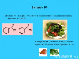 Витамин PP – ниацин – участвует в окислительно – восстановительных реакциях в кл
