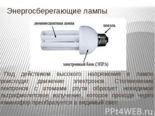 Энергосберегающие лампы Под действием высокого напряжения в лампе происходит дви