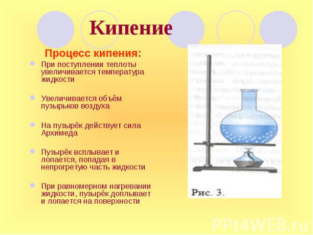 Процесс кипения: Процесс кипения: При поступлении теплоты увеличивается температура жидкости Увеличивается объём пузырьков воздуха На пузырёк действует сила Архимеда Пузырёк всплывает и лопается, попадая в непрогретую часть жидкости При равномерном …