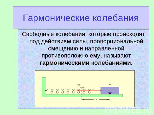 Свободные колебания, которые происходят под действием силы, пропорциональной смещению и направленной противоположно ему, называют гармоническими колебаниями. Свободные колебания, которые происходят под действием силы, пропорциональной смещению и нап…