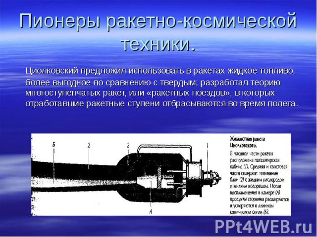 Циолковский предложил использовать в ракетах жидкое топливо, более выгодное по сравнению с твердым; разработал теорию многоступенчатых ракет, или «ракетных поездов», в которых отработавшие ракетные ступени отбрасываются во время полета. Циолковский …
