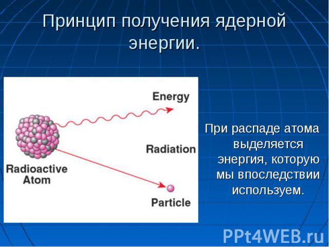 При распаде атома выделяется энергия, которую мы впоследствии используем. При распаде атома выделяется энергия, которую мы впоследствии используем.