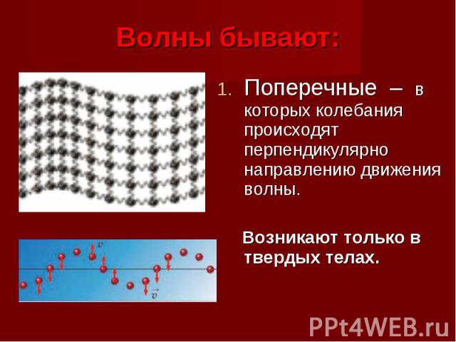 Поперечные – в которых колебания происходят перпендикулярно направлению движения волны. Поперечные – в которых колебания происходят перпендикулярно направлению движения волны. Возникают только в твердых телах.