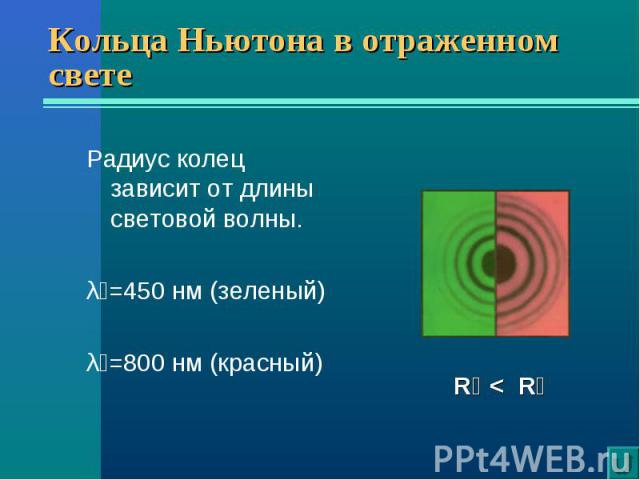 Радиус колец зависит от длины световой волны. Радиус колец зависит от длины световой волны. λ₁=450 нм (зеленый) λ₂=800 нм (красный)