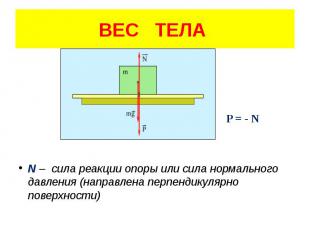 ВЕС ТЕЛА P = - N N – сила реакции опоры или сила нормального давления (направлен