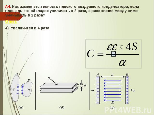 А4. Как изменяется емкость плоского воздушного конденсатора, если площадь его обкладок увеличить в 2 раза, а расстояние между ними уменьшить в 2 раза? А4. Как изменяется емкость плоского воздушного конденсатора, если площадь его обкладок увеличить в…
