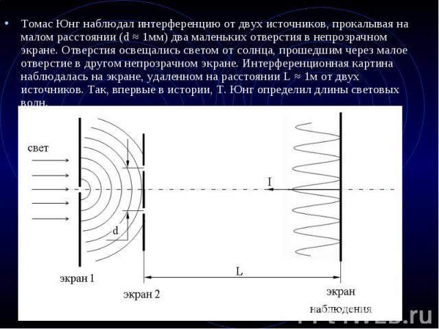 Томас Юнг наблюдал интерференцию от двух источников, прокалывая на малом расстоянии (d ≈ 1мм) два маленьких отверстия в непрозрачном экране. Отверстия освещались светом от солнца, прошедшим через малое отверстие в другом непрозрачном экране. Интерфе…
