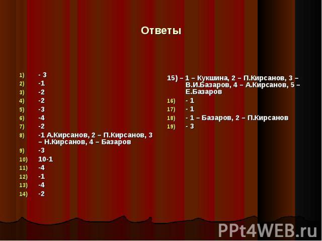- 3 -1 -2 -2 -3 -4 -2 -1 А.Кирсанов, 2 – П.Кирсанов, 3 – Н.Кирсанов, 4 – Базаров -3 10-1 -4 -1 -4 -2