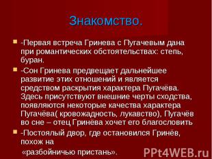 -Первая встреча Гринева с Пугачевым дана при романтических обстоятельствах: степ