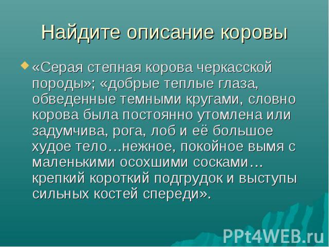 «Серая степная корова черкасской породы»; «добрые теплые глаза, обведенные темными кругами, словно корова была постоянно утомлена или задумчива, рога, лоб и её большое худое тело…нежное, покойное вымя с маленькими осохшими сосками…крепкий короткий п…