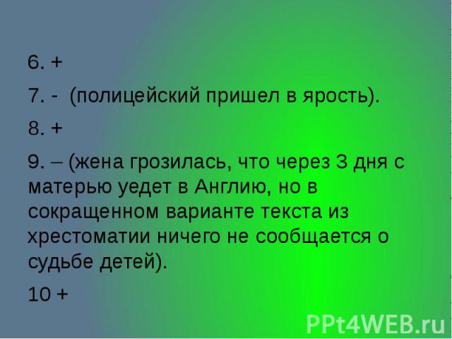 6. + 7. - (полицейский пришел в ярость). 8. + 9. – (жена грозилась, что через 3 дня с матерью уедет в Англию, но в сокращенном варианте текста из хрестоматии ничего не сообщается о судьбе детей). 10 +