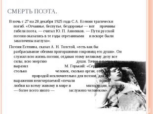 В ночь с 27 на 28 декабря 1925 года С.А. Есенин трагически погиб. «Отчаянье, бес