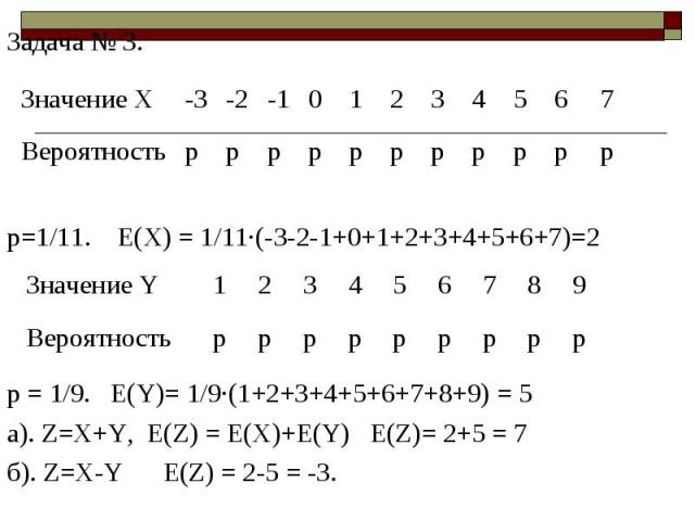 Задача № 3. Задача № 3. р=1/11. Е(Х) = 1/11·(-3-2-1+0+1+2+3+4+5+6+7)=2 р = 1/9. Е(Y)= 1/9·(1+2+3+4+5+6+7+8+9) = 5 a). Z=X+Y, E(Z) = E(X)+E(Y) E(Z)= 2+5 = 7 б). Z=X-Y E(Z) = 2-5 = -3.