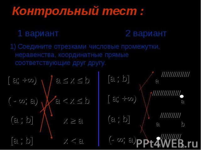 1 вариант 2 вариант 1 вариант 2 вариант 1) Соедините отрезками числовые промежутки, неравенства, координатные прямые соответствующие друг другу.