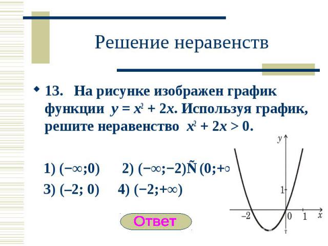 13. На рисунке изображен график функции y = x2 + 2x. Используя график, решите неравенство x2 + 2x > 0. 13. На рисунке изображен график функции y = x2 + 2x. Используя график, решите неравенство x2 + 2x > 0. 1) (−∞;0) 2) (−∞;−2)∪(0;+∞) 3) (–2; 0…