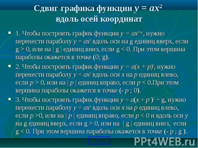 1. Чтобы построить график функции y = ax2 + g , нужно перенести параболу y = ax2 вдоль оси на g единиц вверх, если g > 0, или на | g | единиц вниз, если g < 0. При этом вершина параболы окажется в точке (0; g). 1. Чтобы построить график функци…