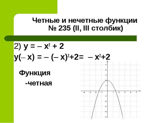 2) y = – x2 + 2 2) y = – x2 + 2 y(– x) = – (– x)2+2= – х2+2