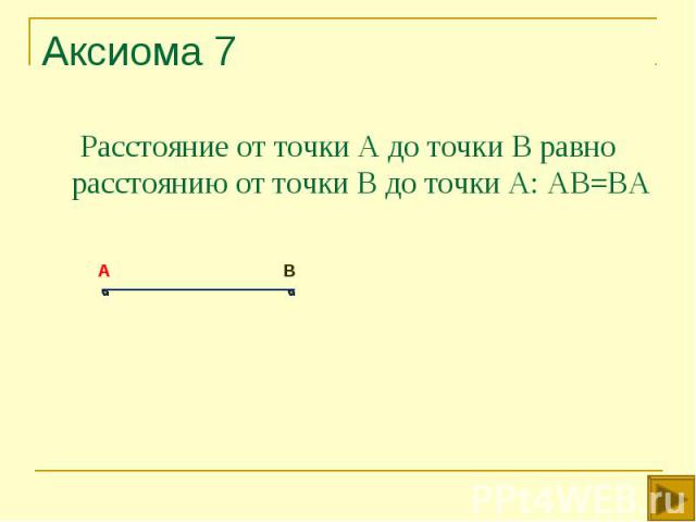 Расстояние от точки А до точки В равно расстоянию от точки В до точки А: АВ=ВА Расстояние от точки А до точки В равно расстоянию от точки В до точки А: АВ=ВА