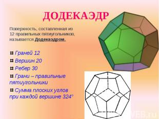 Поверхность, составленная из 12 правильных пятиугольников, называется Додекаэдро