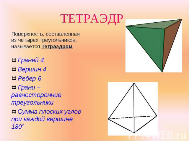 Поверхность, составленная из четырех треугольников, называется Тетраэдром. Поверхность, составленная из четырех треугольников, называется Тетраэдром. Граней 4 Вершин 4 Ребер 6 Грани – равносторонние треугольники Сумма плоских углов при каждой вершине 180°