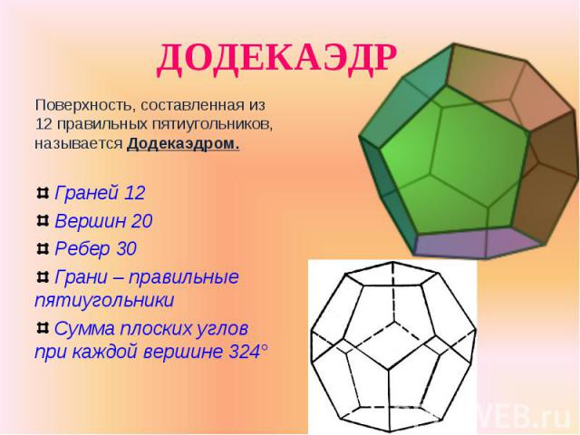 Поверхность, составленная из 12 правильных пятиугольников, называется Додекаэдром. Поверхность, составленная из 12 правильных пятиугольников, называется Додекаэдром. Граней 12 Вершин 20 Ребер 30 Грани – правильные пятиугольники Сумма плоских углов п…